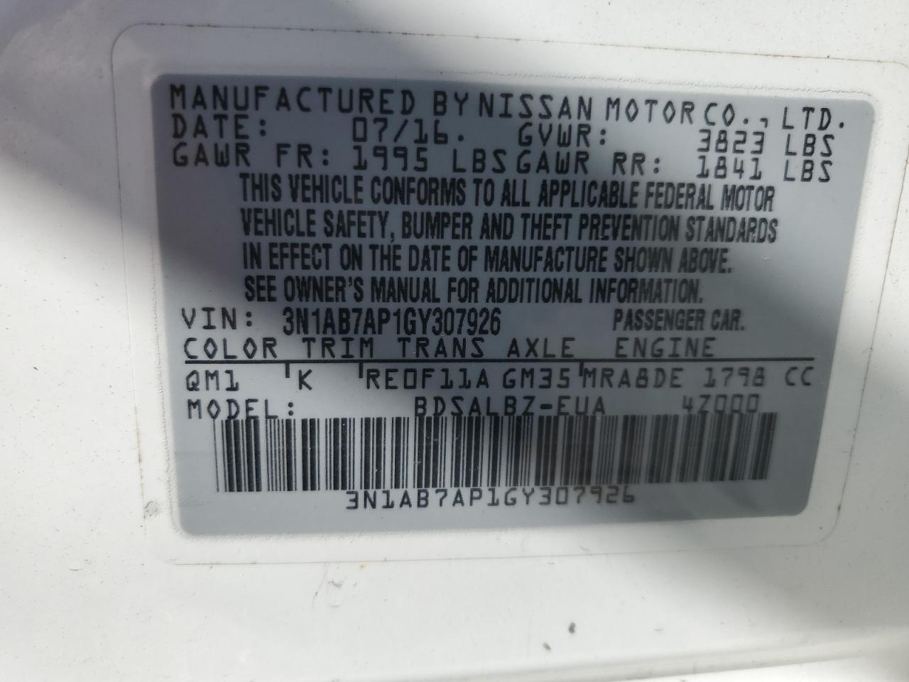 3N1AB7AP1GY307926 2016 Nissan Sentra S