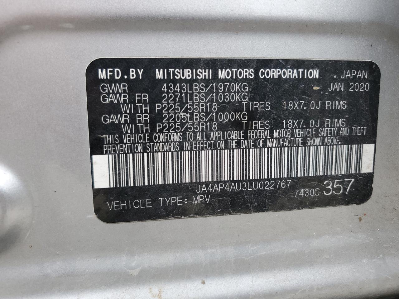 JA4AP4AU3LU022767 2020 Mitsubishi Outlander Sport Se