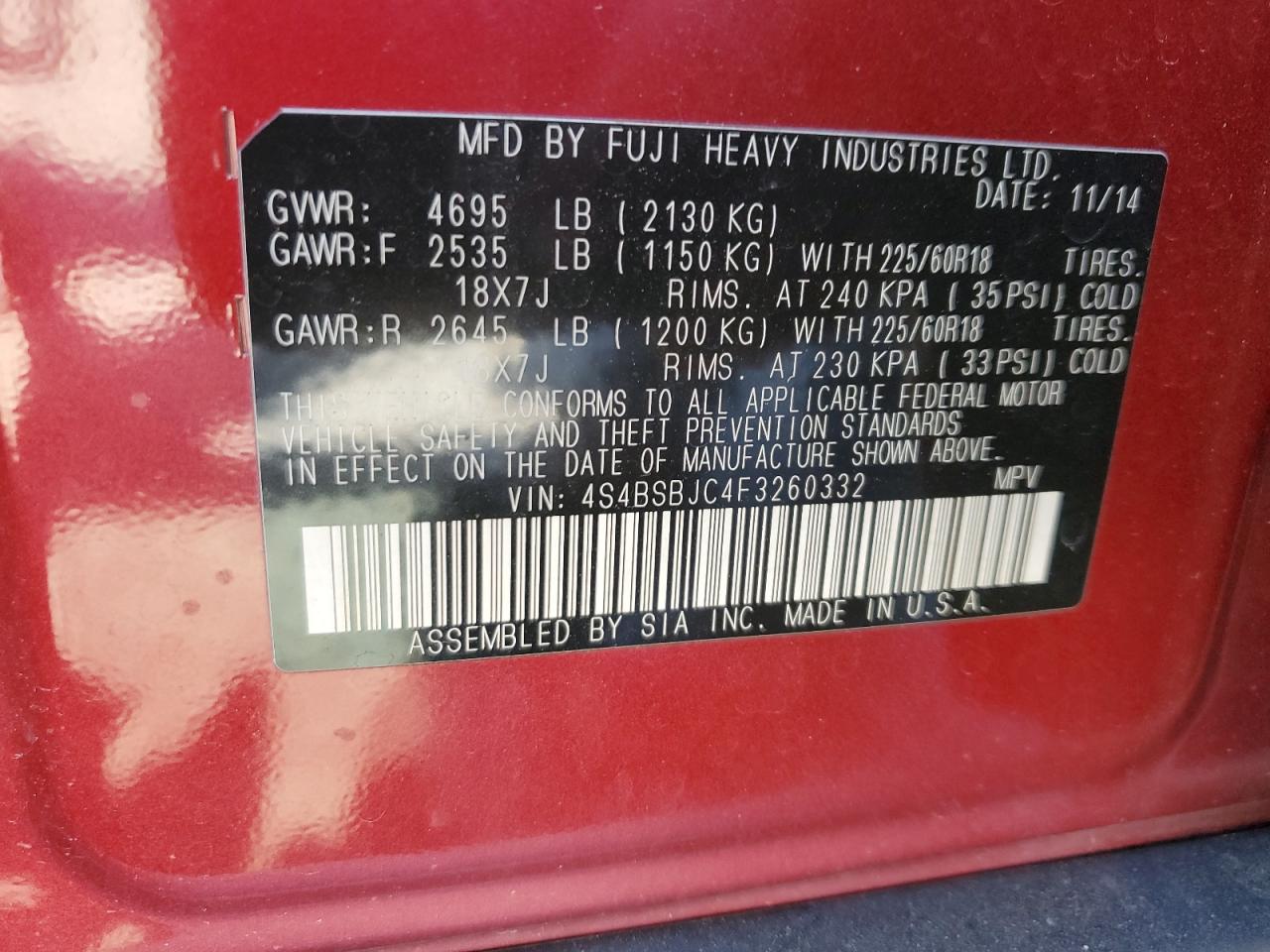 4S4BSBJC4F3260332 2015 Subaru Outback 2.5I Limited