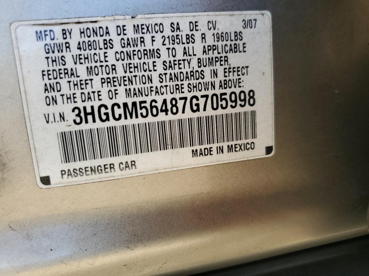 3HGCM56487G705998 2007 Honda Accord Lx