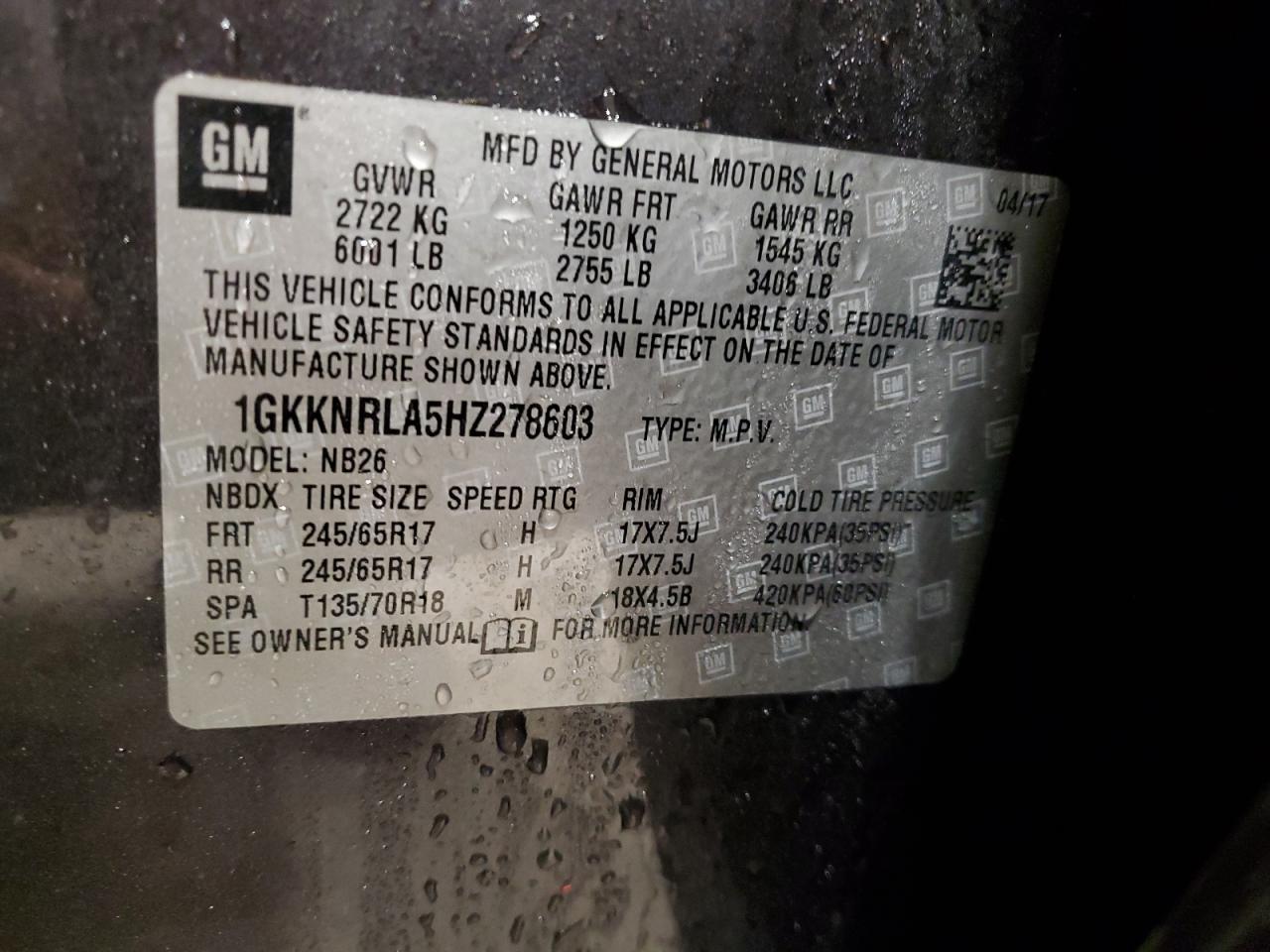 1GKKNRLA5HZ278603 2017 GMC Acadia Sle