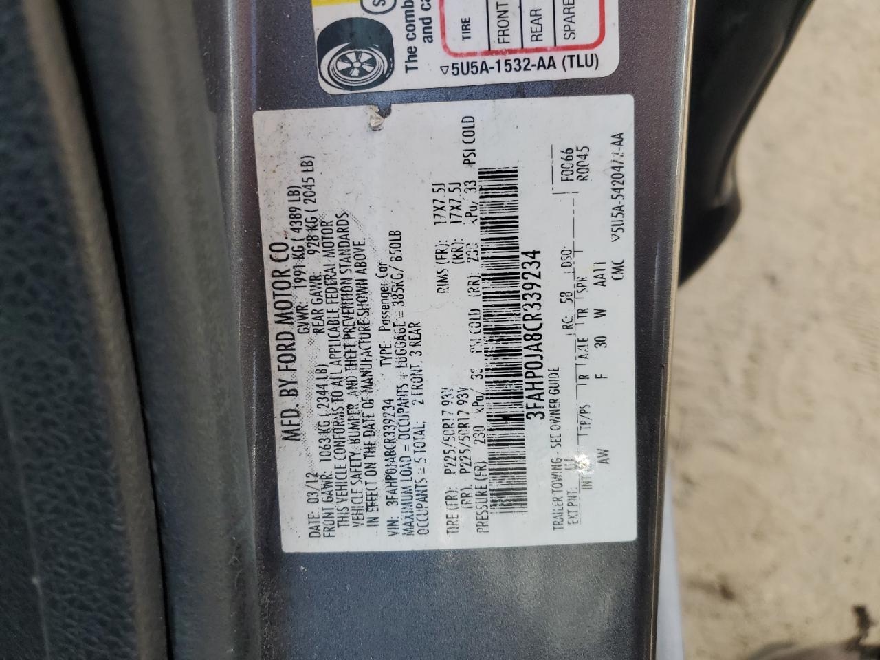 3FAHP0JA8CR339234 2012 Ford Fusion Sel