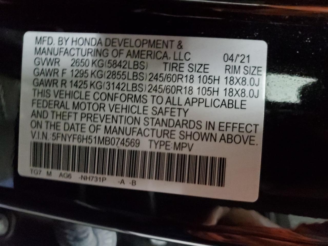 5FNYF6H51MB074569 2021 Honda Pilot Exl