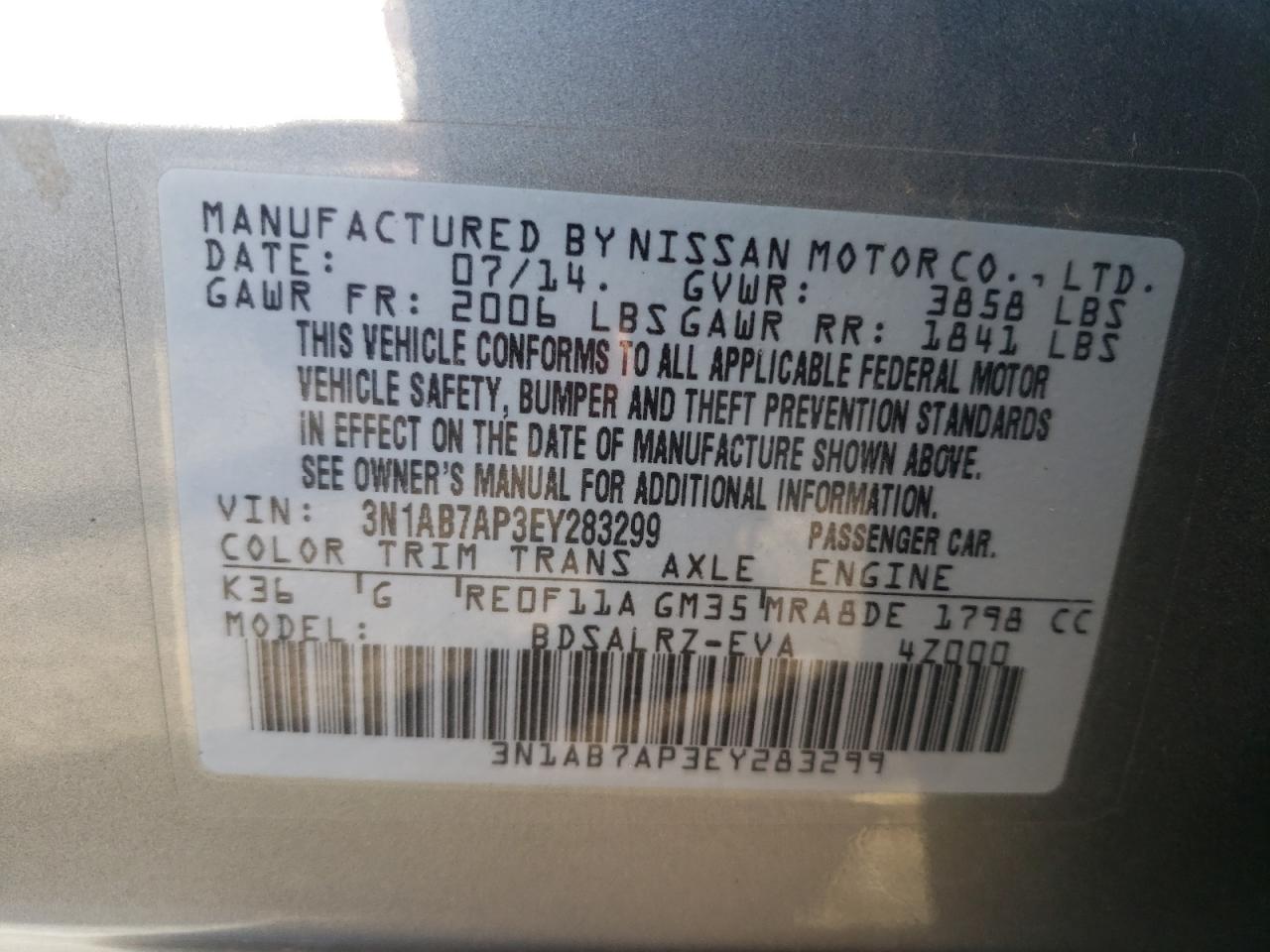 3N1AB7AP3EY283299 2014 Nissan Sentra S