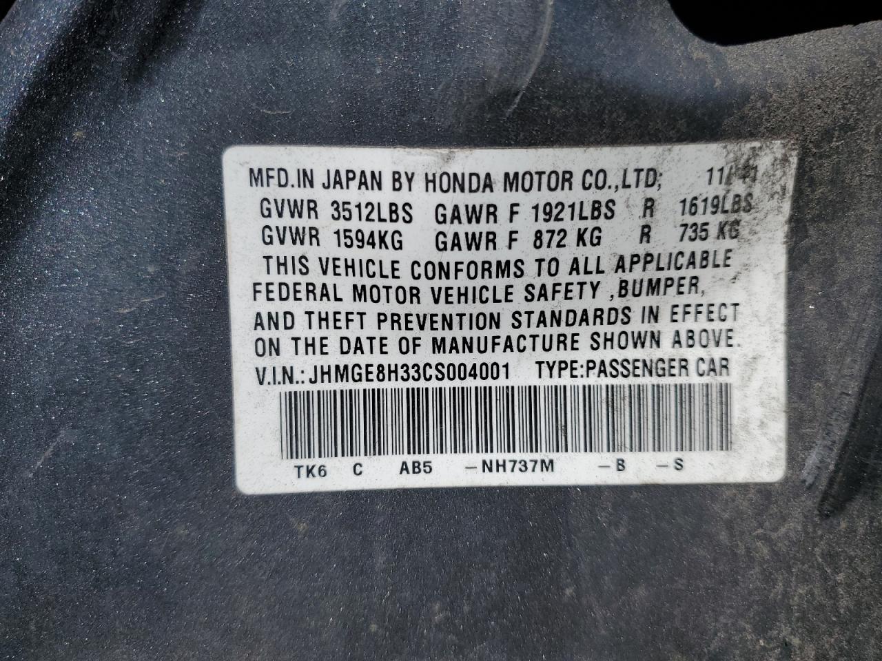 JHMGE8H33CS004001 2012 Honda Fit