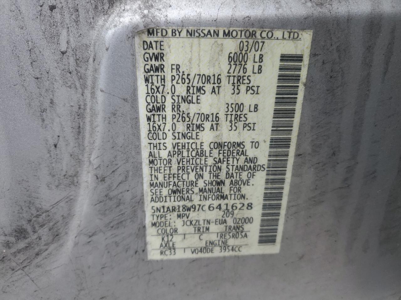 5N1AR18W97C641628 2007 Nissan Pathfinder Le