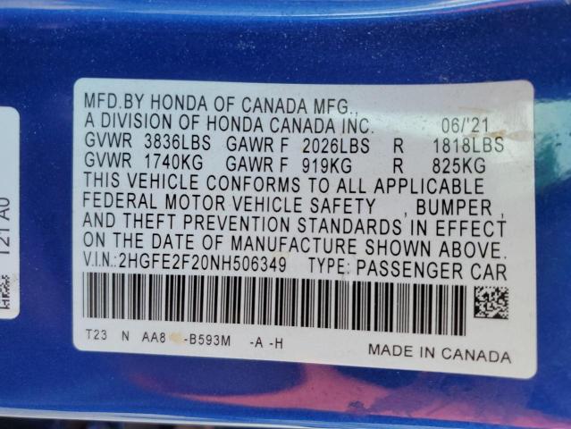 VIN 2HGFE2F20NH506349 2022 HONDA CIVIC no.12