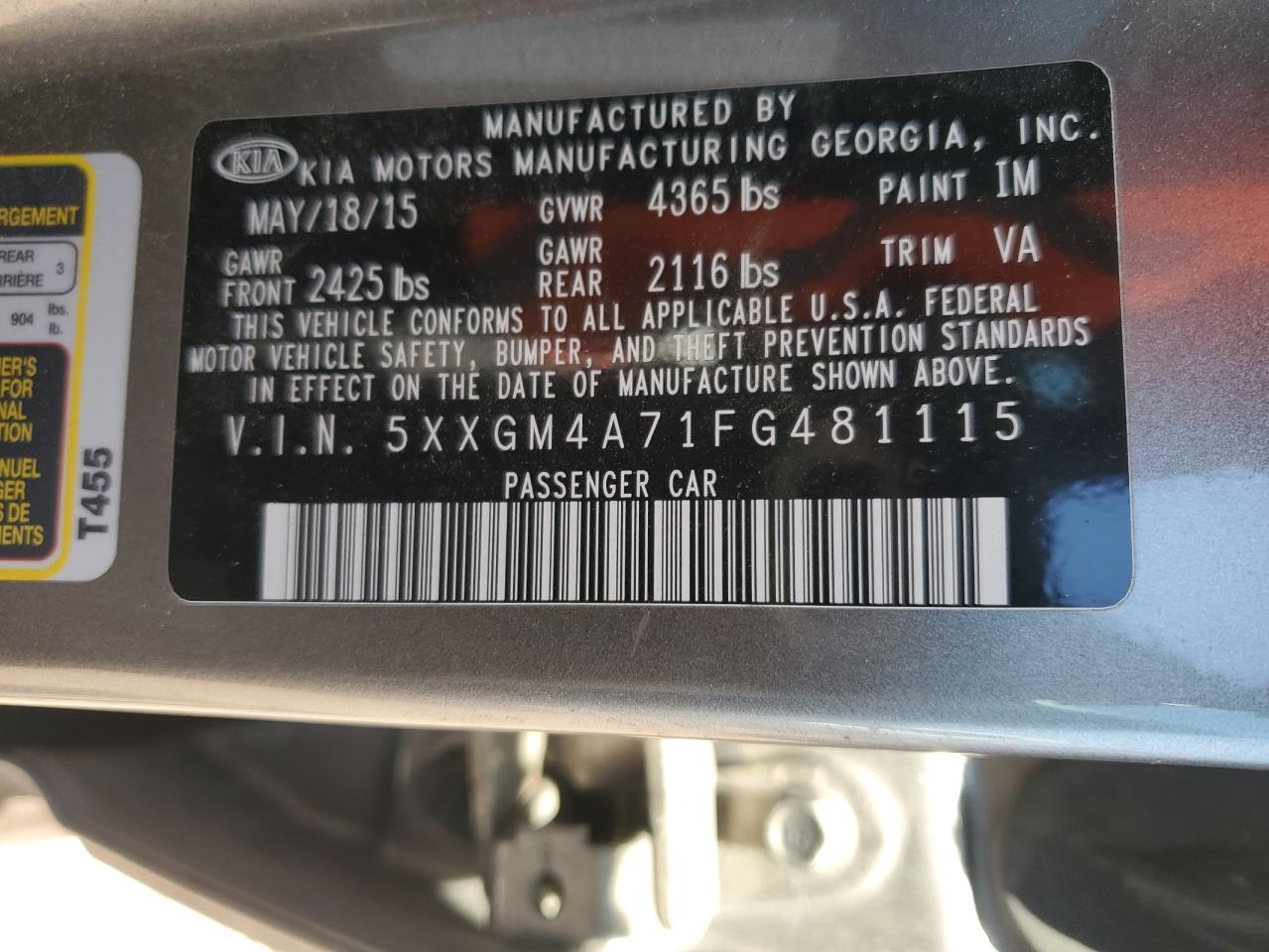 5XXGM4A71FG481115 2015 Kia Optima Lx