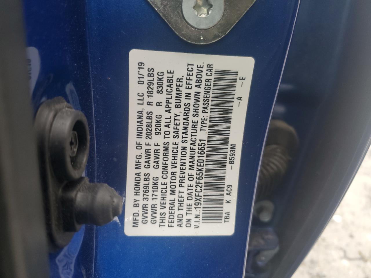 19XFC2F65KE016651 2019 Honda Civic Lx