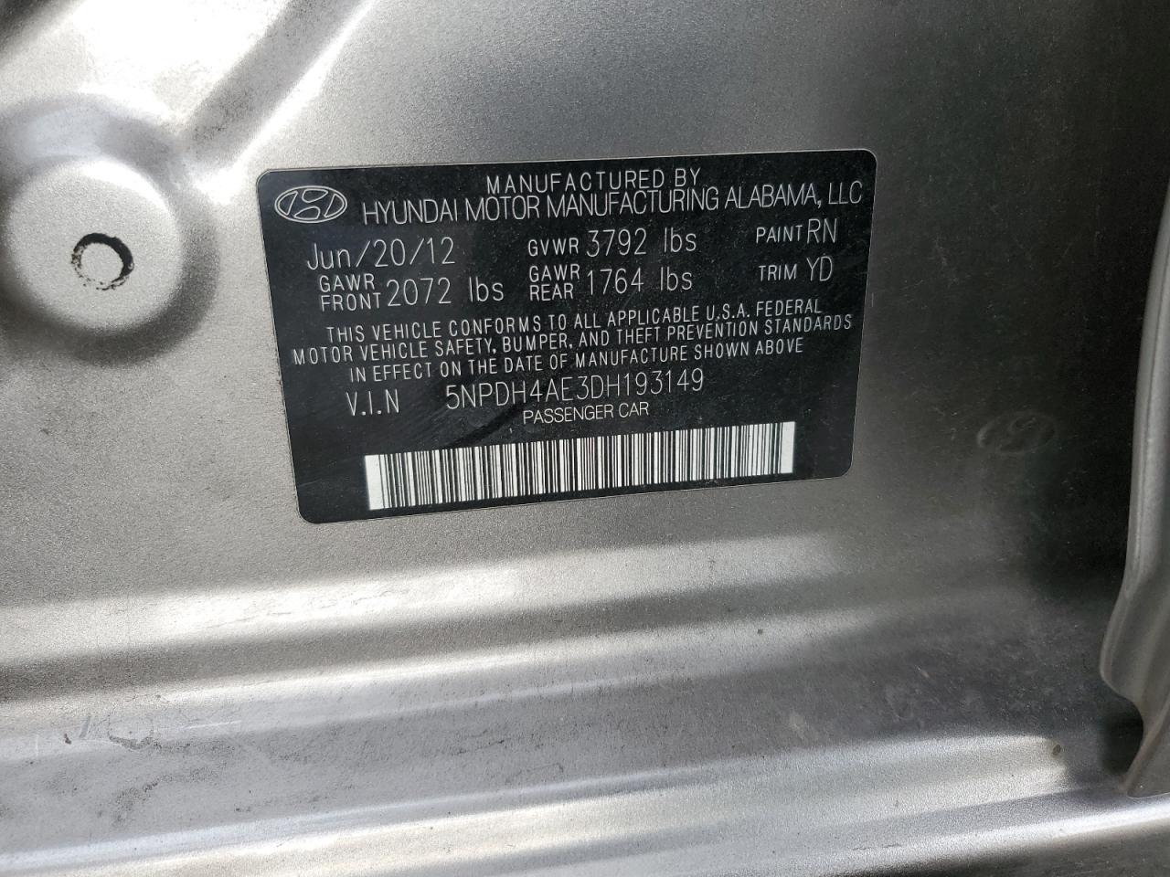 5NPDH4AE3DH193149 2013 Hyundai Elantra Gls