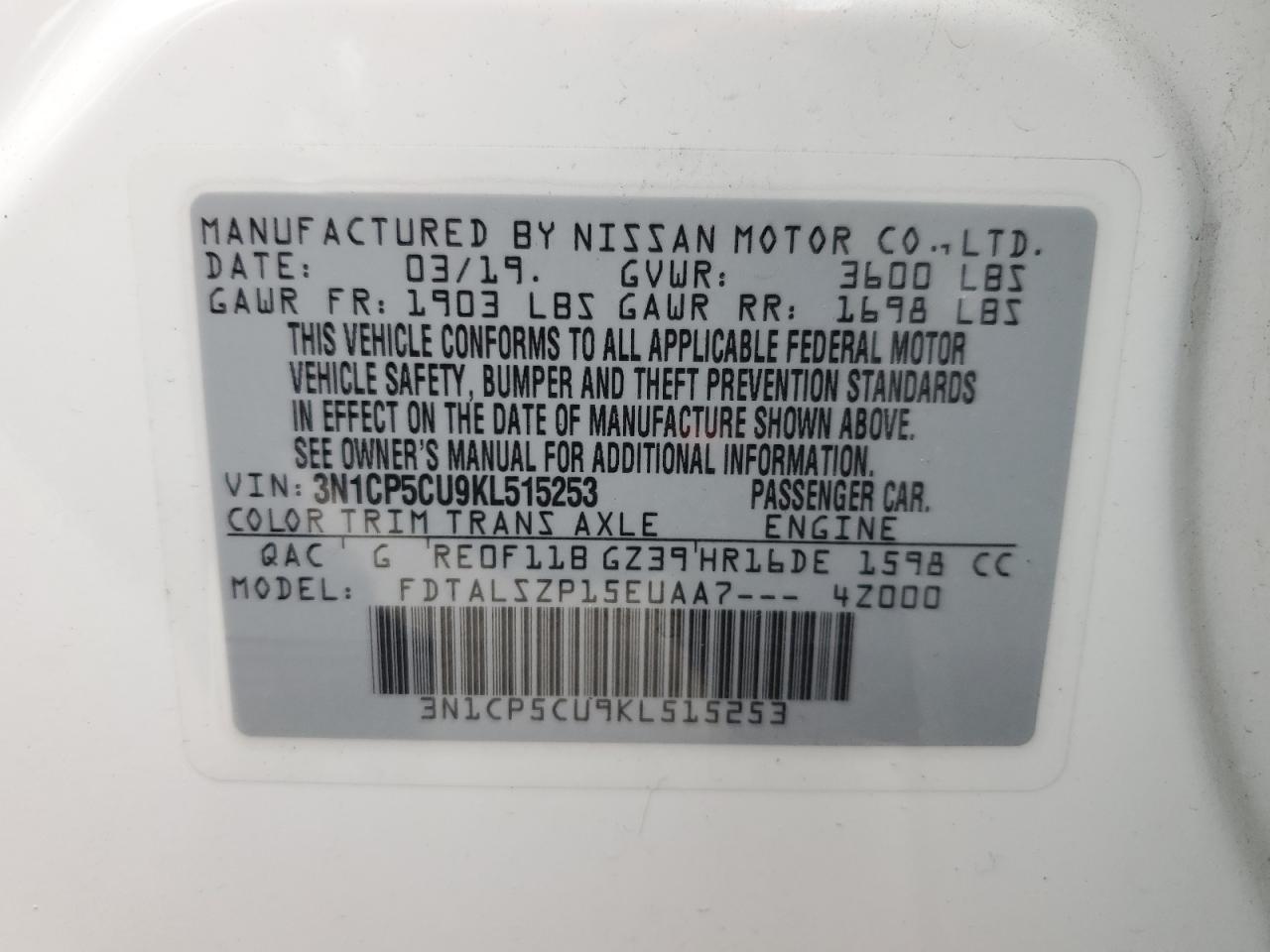 3N1CP5CU9KL515253 2019 Nissan Kicks S