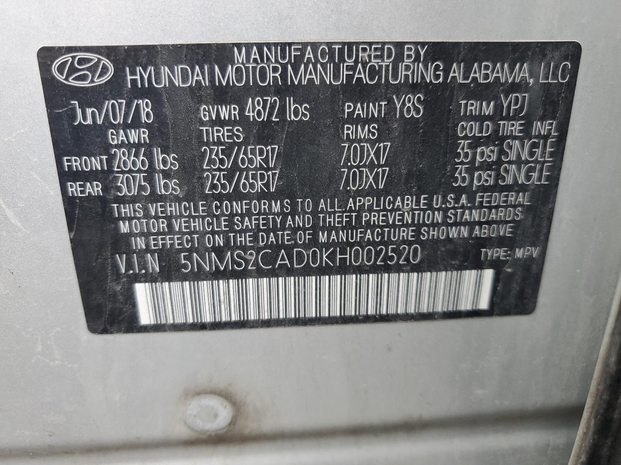 5NMS2CAD0KH002520 2019 Hyundai Santa Fe Se