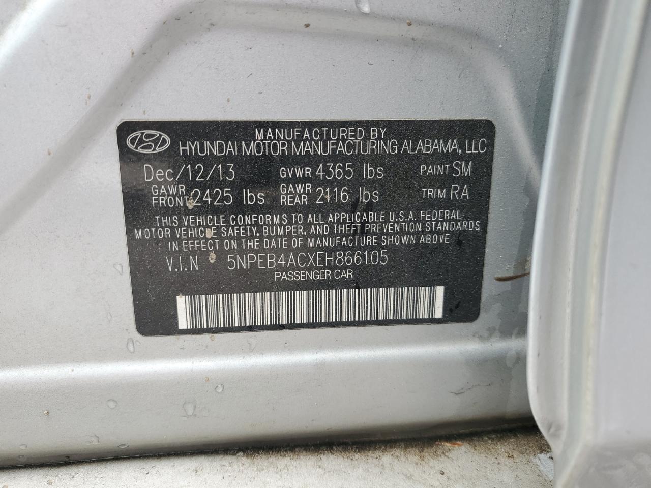 5NPEB4ACXEH866105 2014 Hyundai Sonata Gls