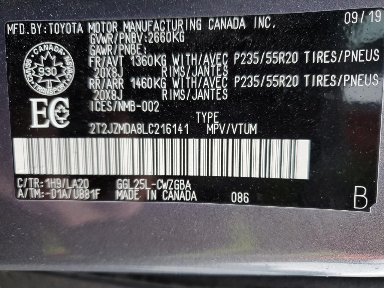 2T2JZMDA8LC216141 2020 Lexus Rx 350