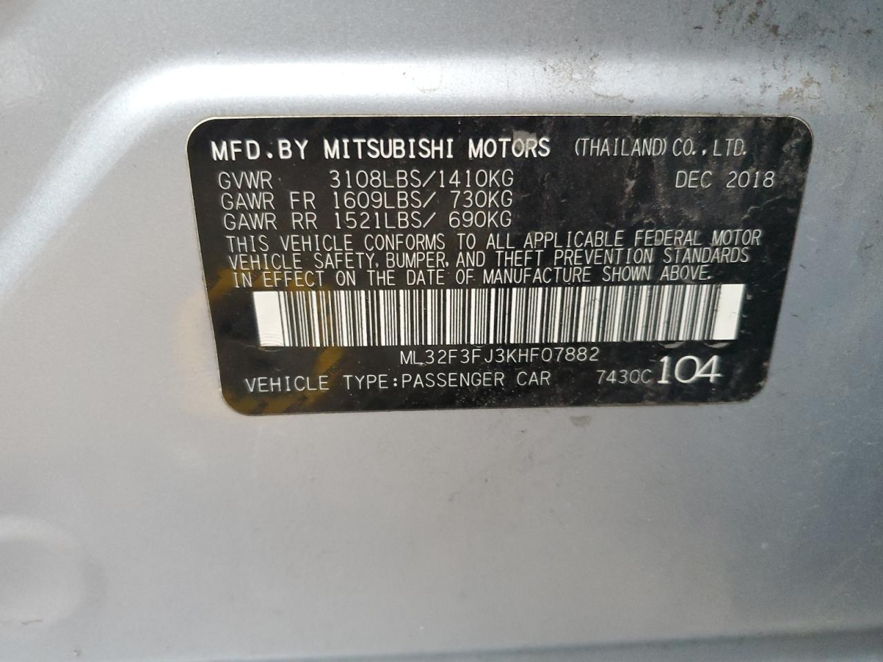 ML32F3FJ3KHF07882 2019 Mitsubishi Mirage G4 Es