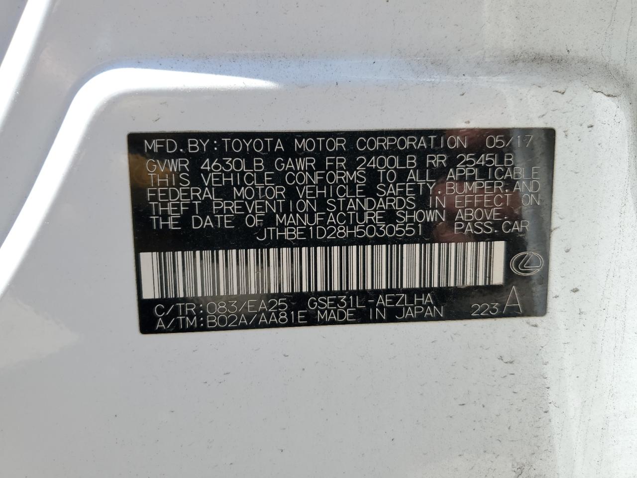 JTHBE1D28H5030551 2017 Lexus Is 350