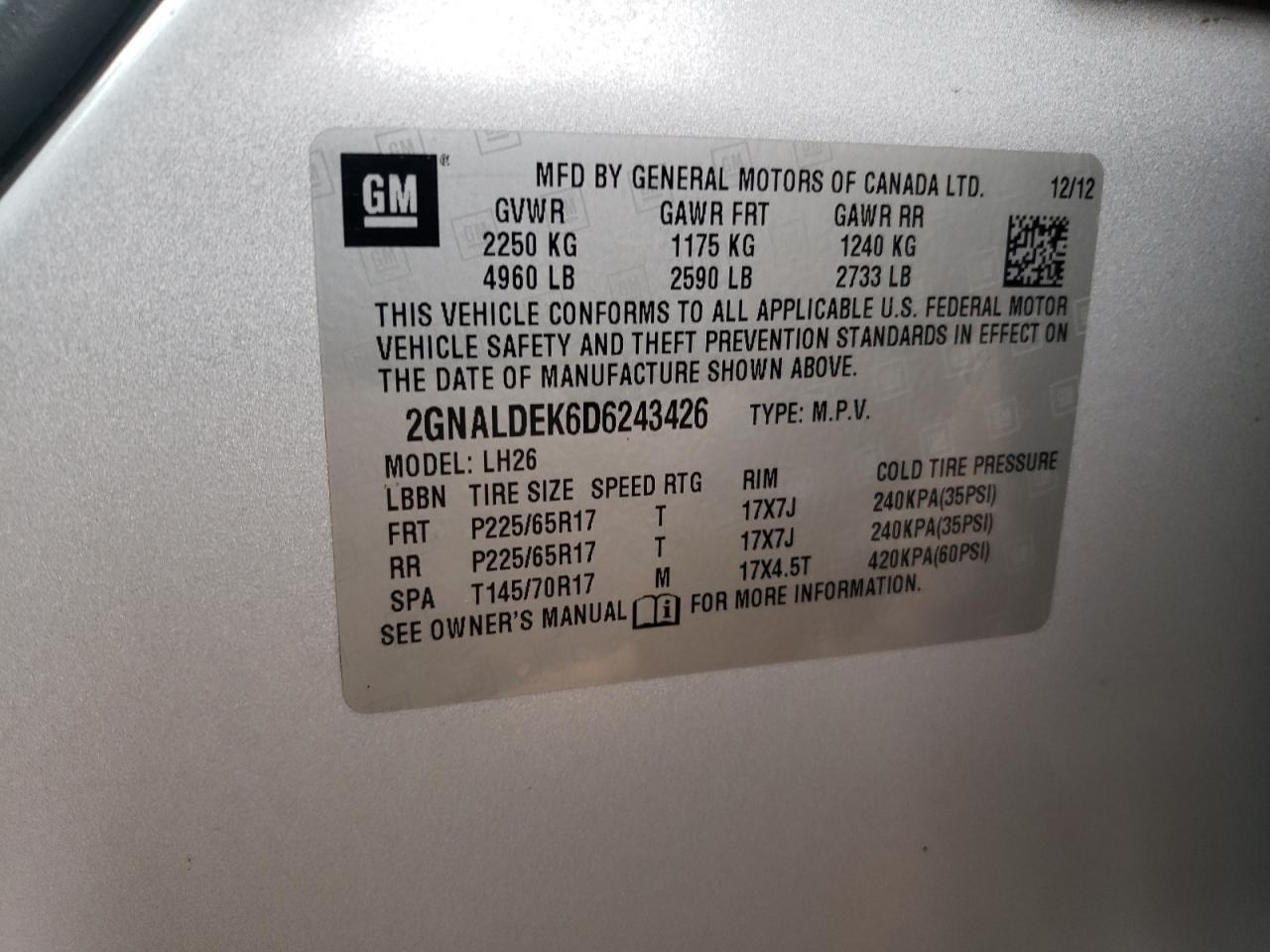 2GNALDEK6D6243426 2013 Chevrolet Equinox Lt