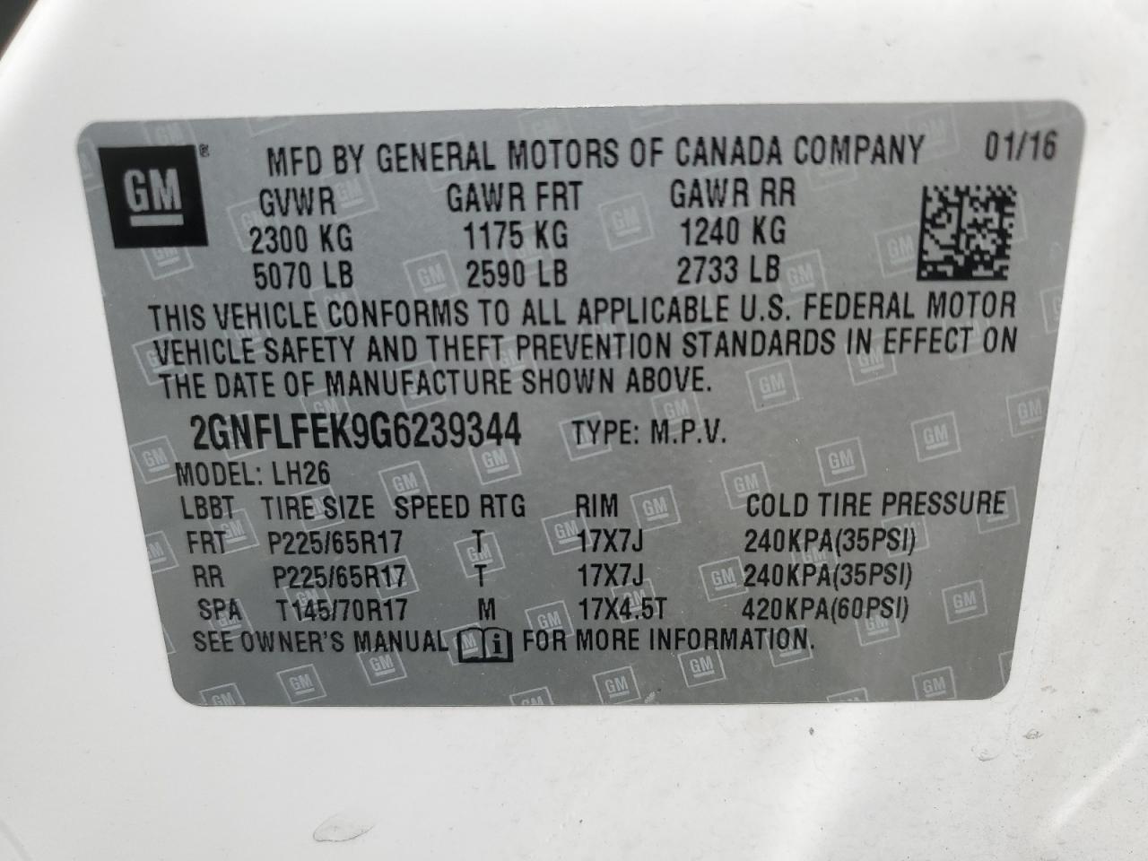 2GNFLFEK9G6239344 2016 Chevrolet Equinox Lt