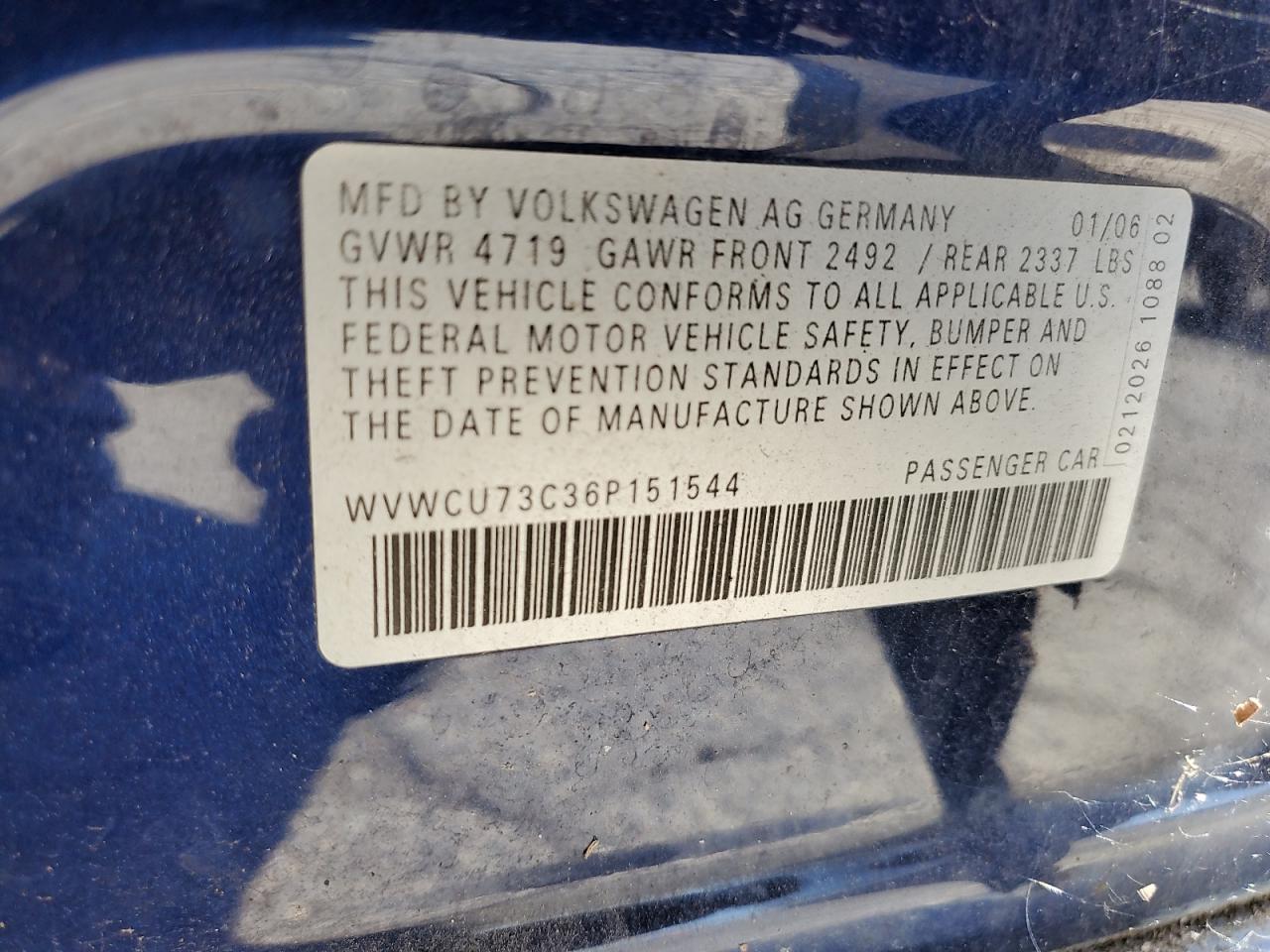 WVWCU73C36P151544 2006 Volkswagen Passat 3.6L Sport