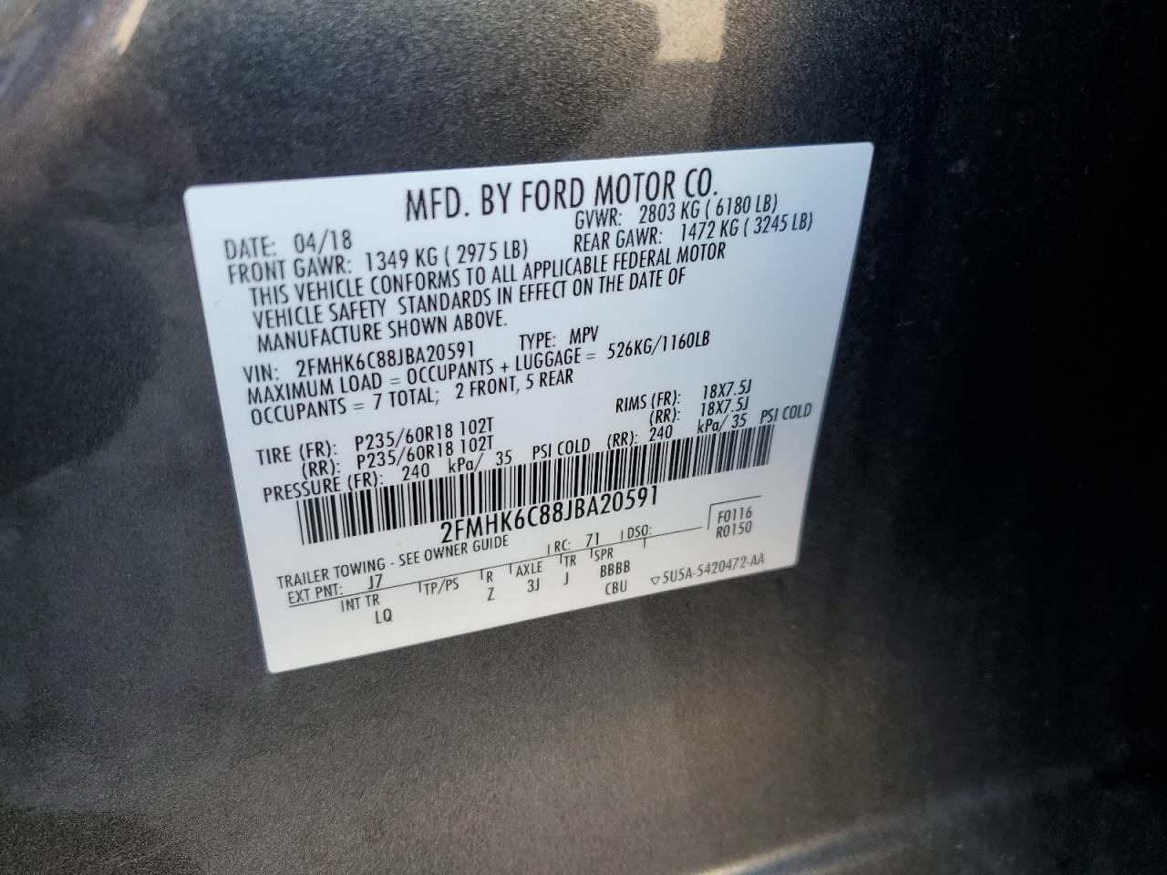 2FMHK6C88JBA20591 2018 Ford Flex Sel