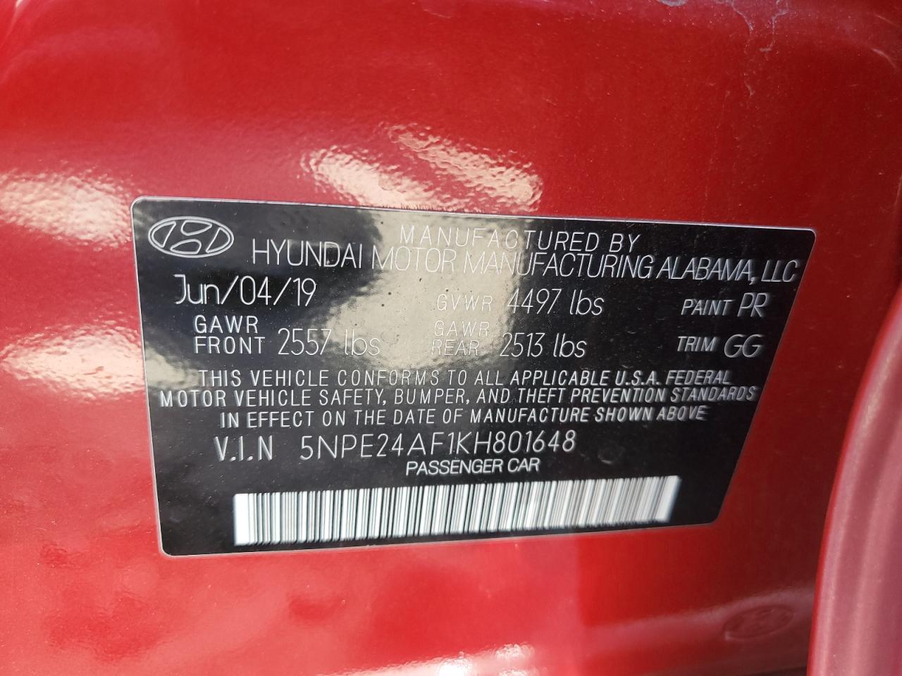 5NPE24AF1KH801648 2019 Hyundai Sonata Se