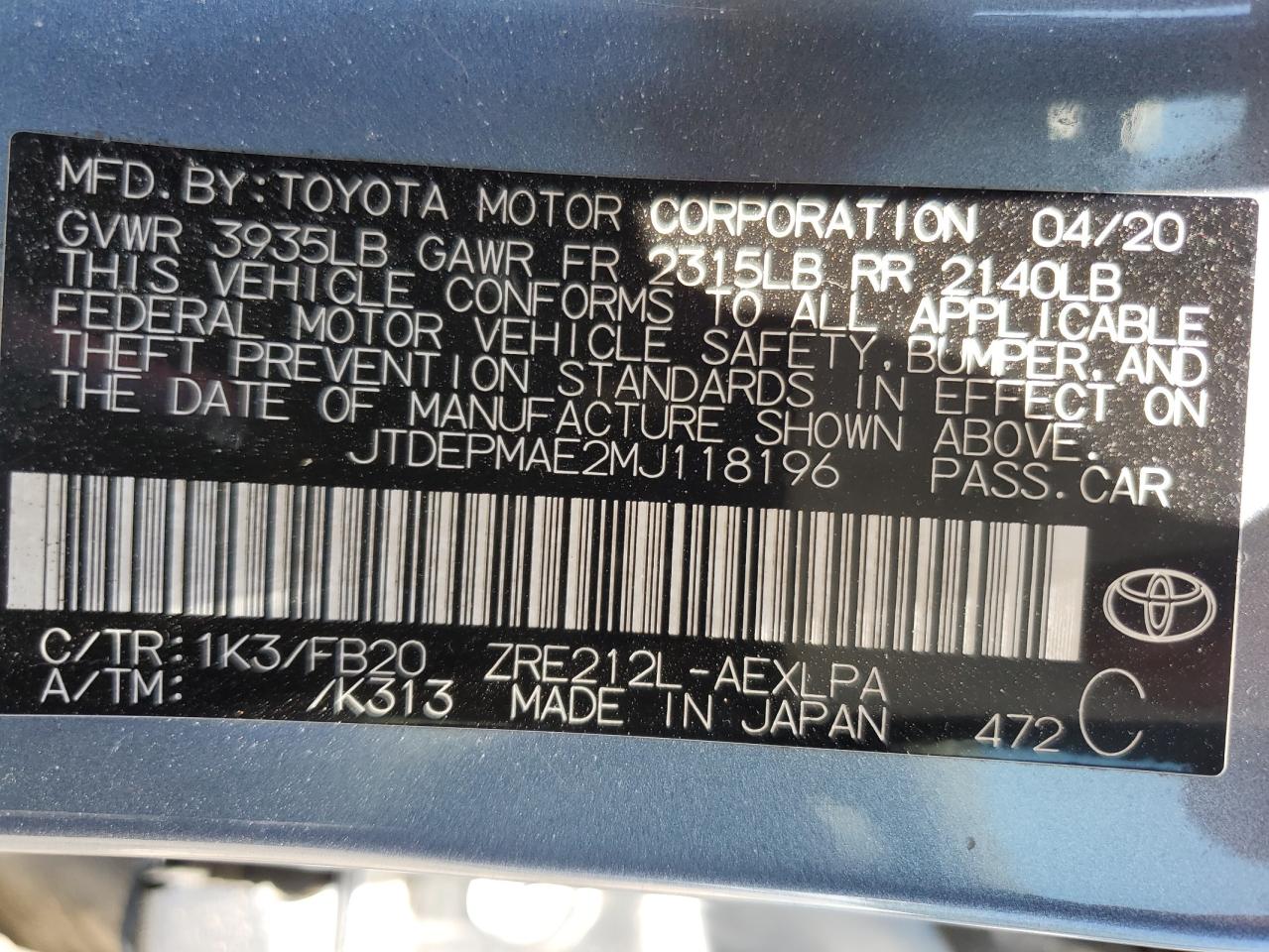 2021 Toyota Corolla Le vin: JTDEPMAE2MJ118196