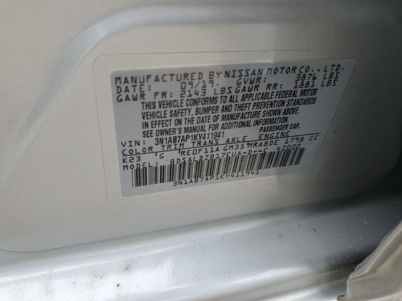 3N1AB7AP1KY411941 2019 Nissan Sentra S