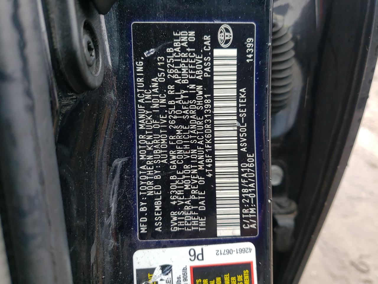 4T4BF1FK6DR313981 2013 Toyota Camry L