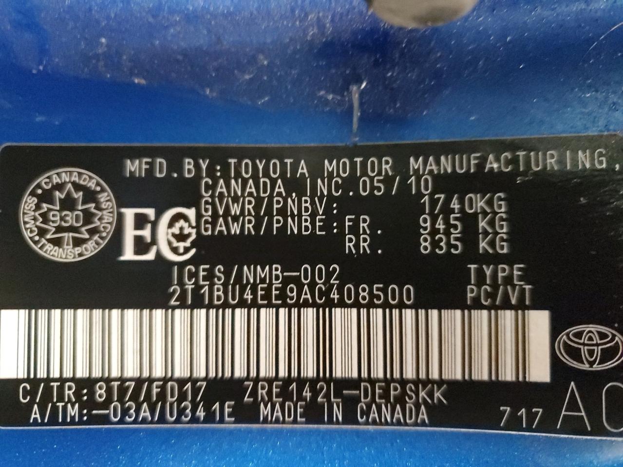 2T1BU4EE9AC408500 2010 Toyota Corolla Base