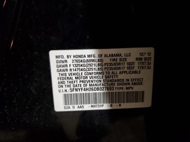 2013 Honda Pilot Lx VIN: 5FNYF4H26DB027693 Lot: 49605604