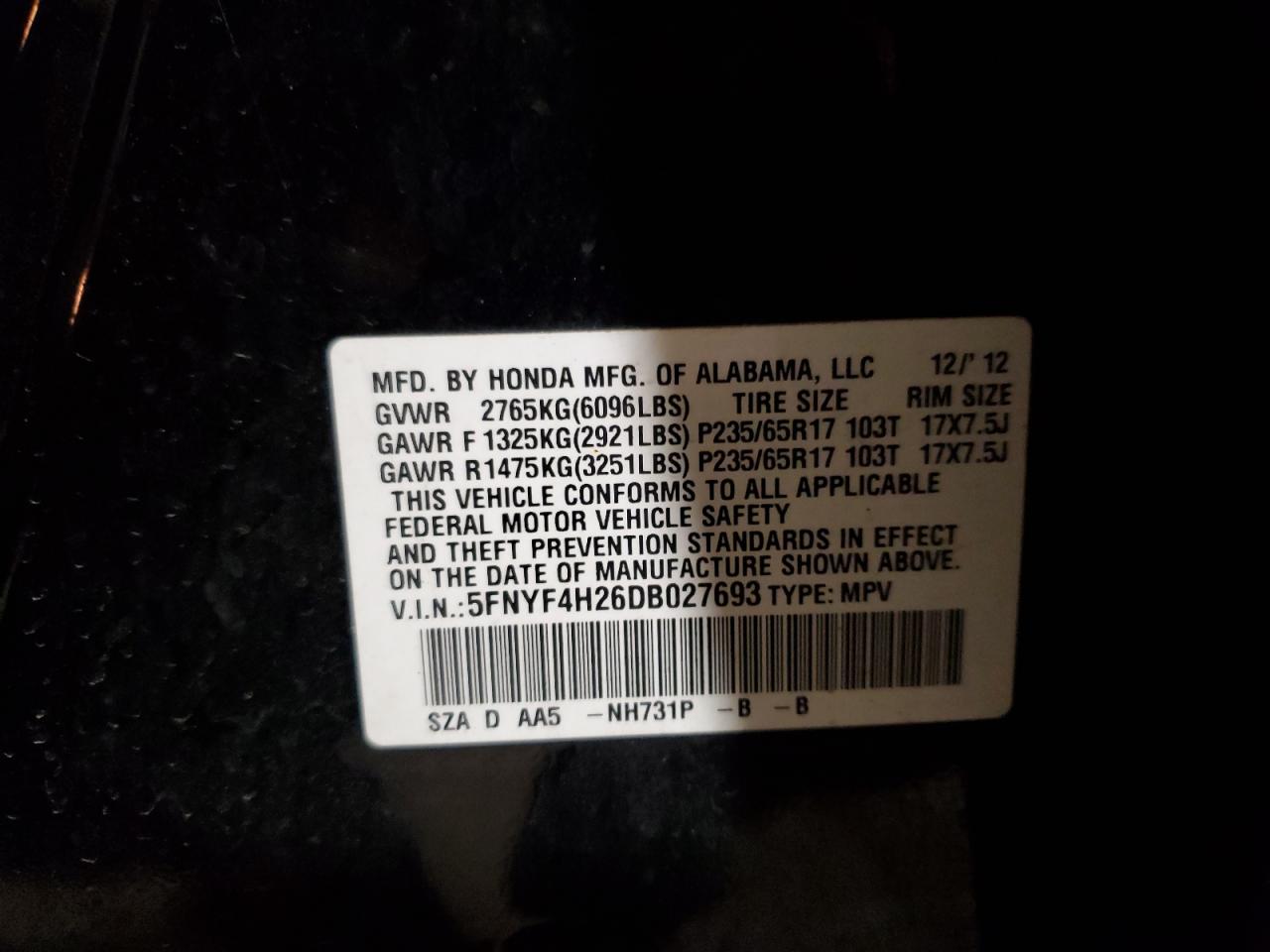 5FNYF4H26DB027693 2013 Honda Pilot Lx