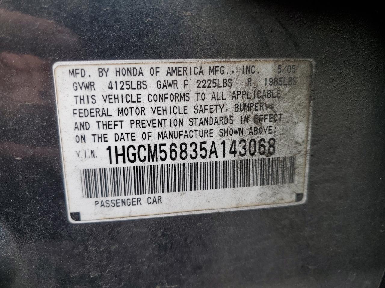 1HGCM56835A143068 2005 Honda Accord Ex