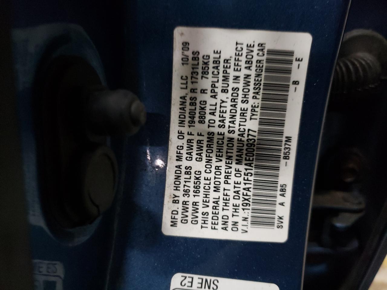 19XFA1F51AE009377 2010 Honda Civic Lx