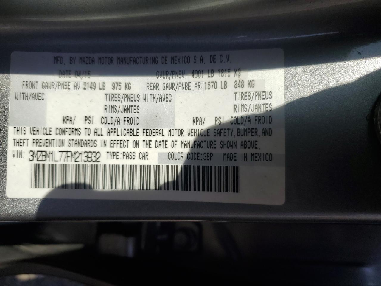 3MZBM1L77FM213932 2015 Mazda 3 Touring