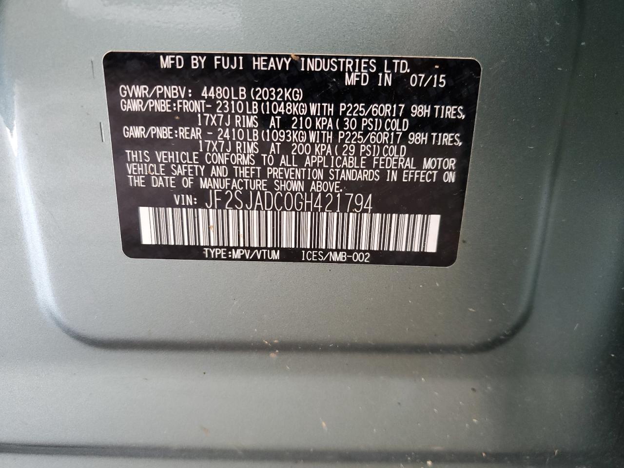 JF2SJADC0GH421794 2016 Subaru Forester 2.5I Premium