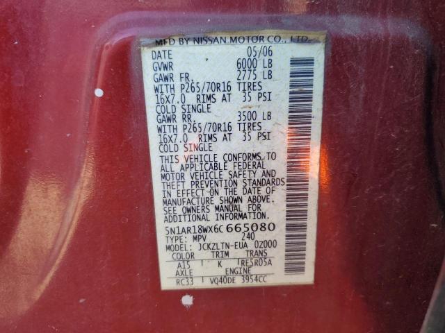 2006 Nissan Pathfinder Le VIN: 5N1AR18WX6C665080 Lot: 51908944