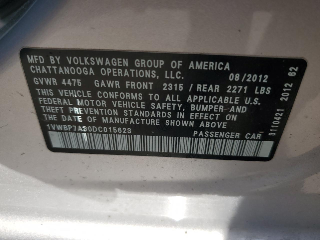 2013 Volkswagen Passat Se vin: 1VWBP7A30DC015623