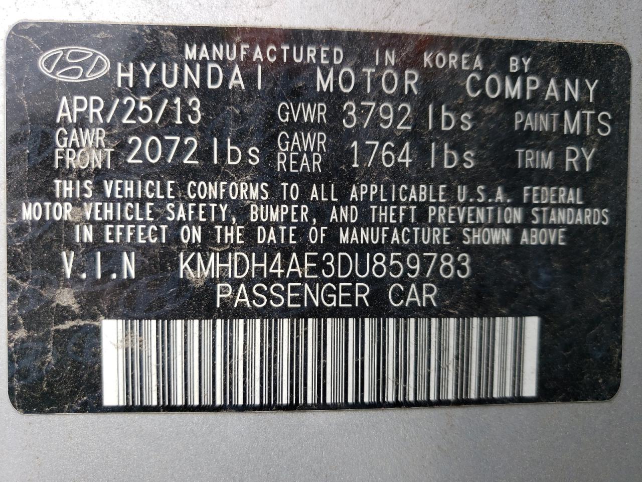 KMHDH4AE3DU859783 2013 Hyundai Elantra Gls