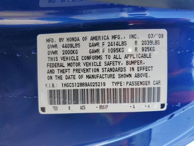 2009 Honda Accord Exl VIN: 1HGCS12889A025219 Lot: 50136274