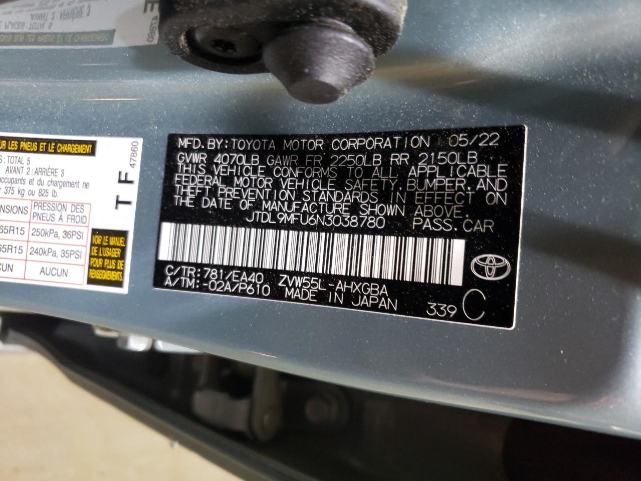 JTDL9MFU6N3038780 2022 Toyota Prius Le