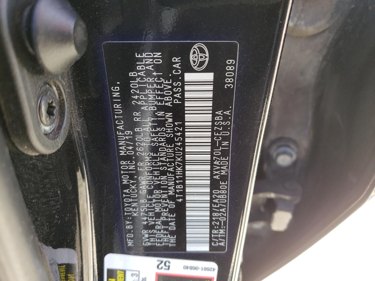 4T1B11HK7KU245421 2019 Toyota Camry L