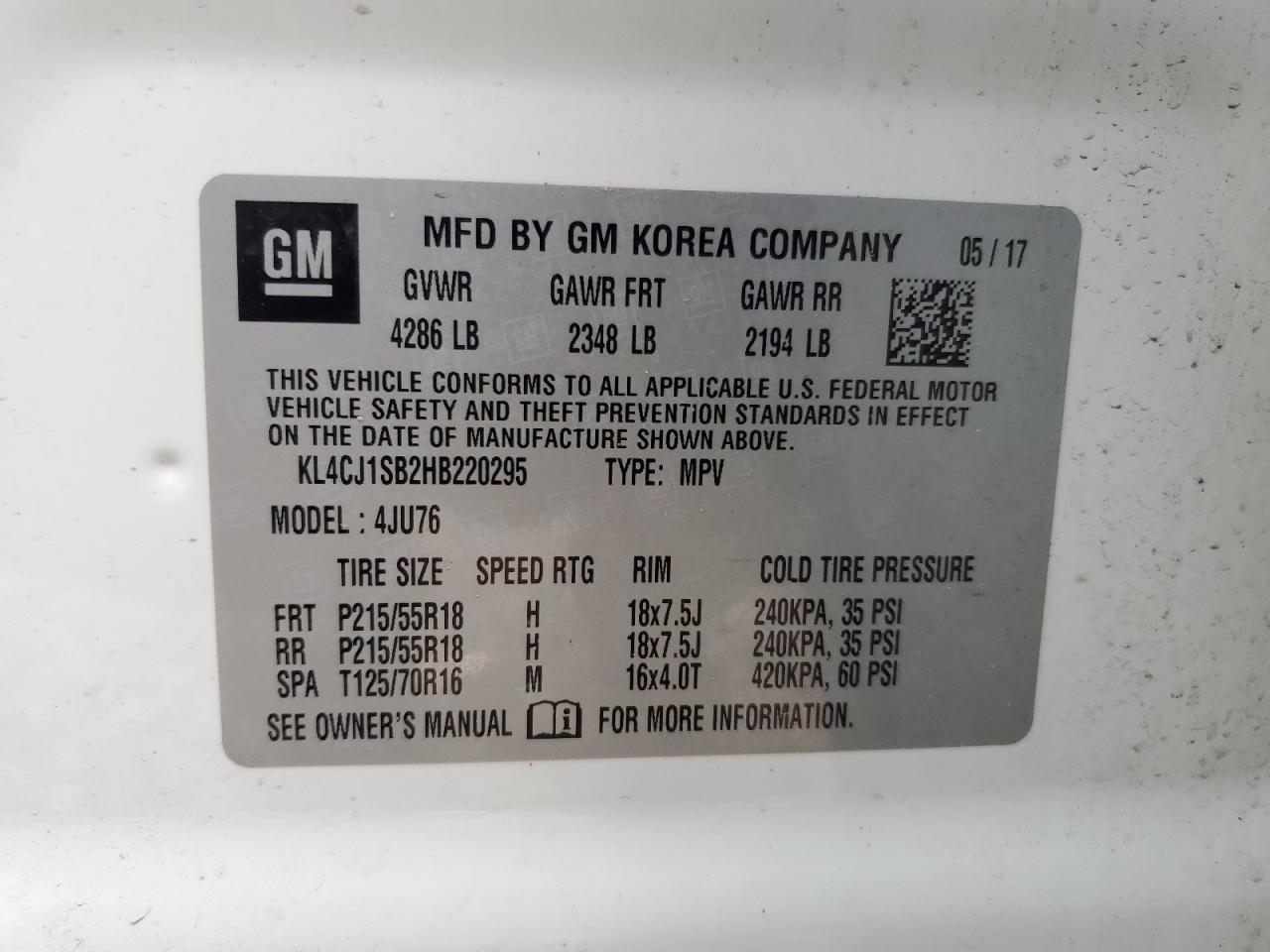 KL4CJ1SB2HB220295 2017 Buick Encore Sport Touring