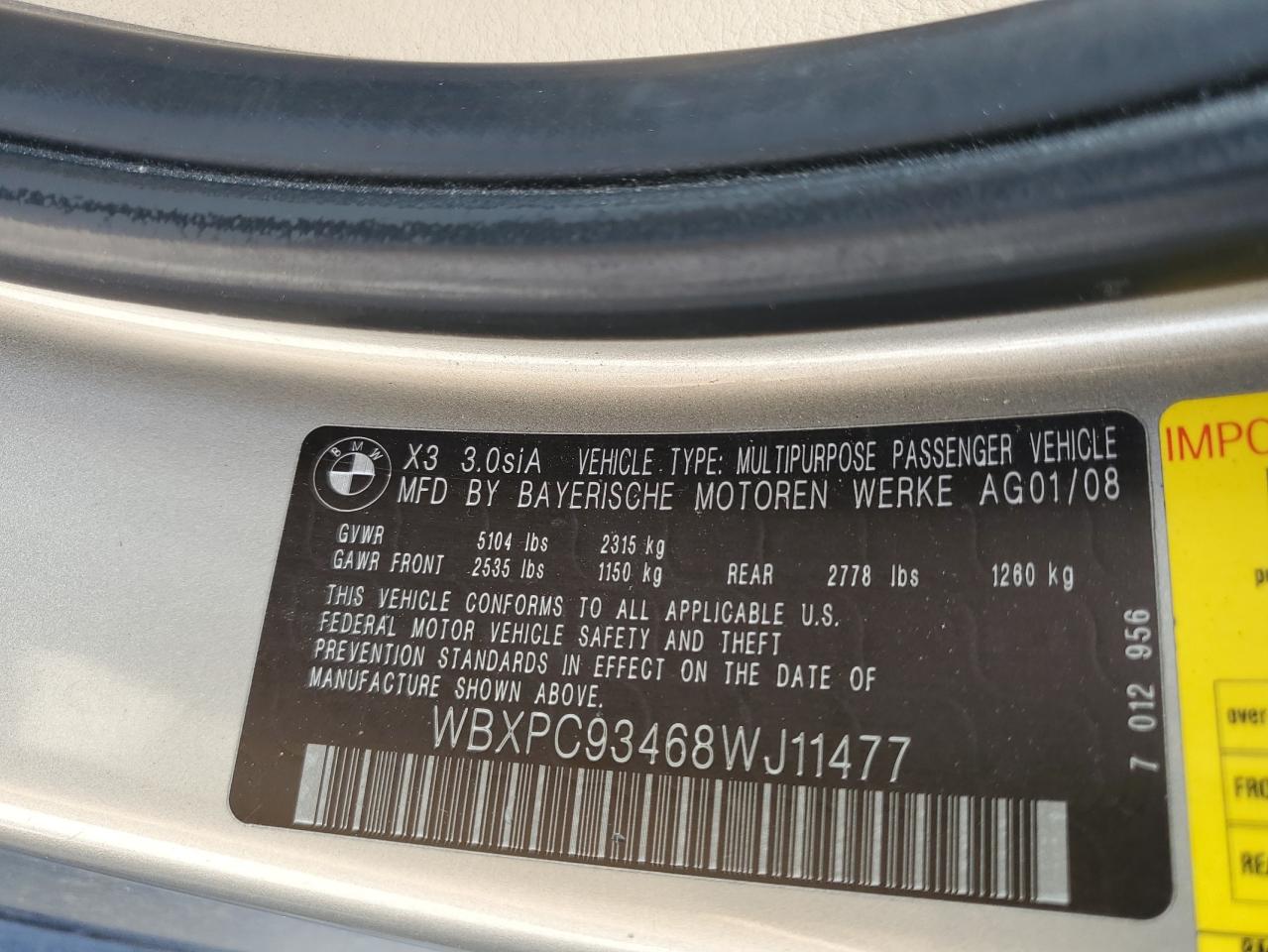 WBXPC93468WJ11477 2008 BMW X3 3.0Si