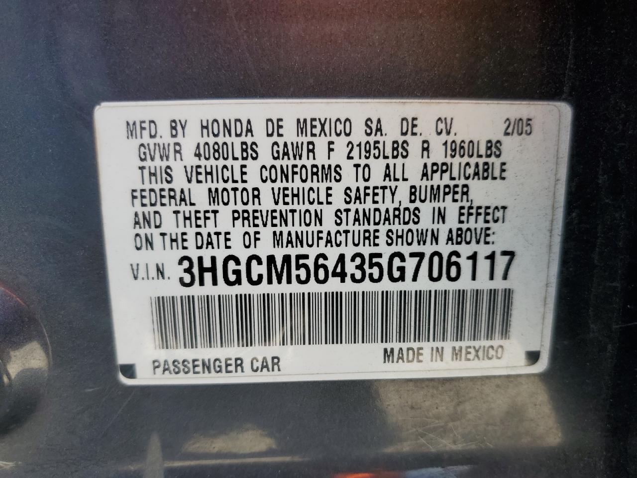 3HGCM56435G706117 2005 Honda Accord Lx