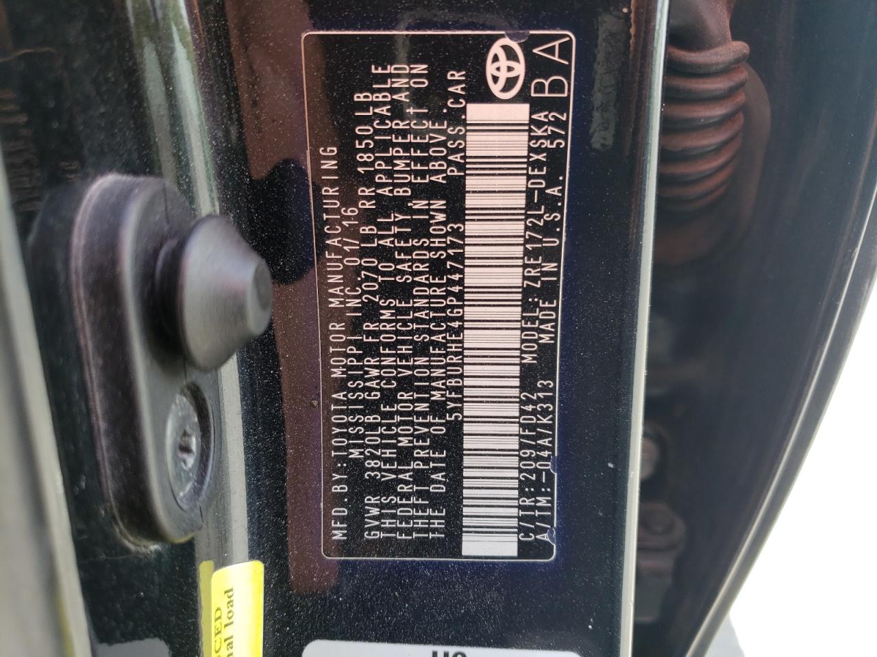 5YFBURHE4GP447173 2016 Toyota Corolla L