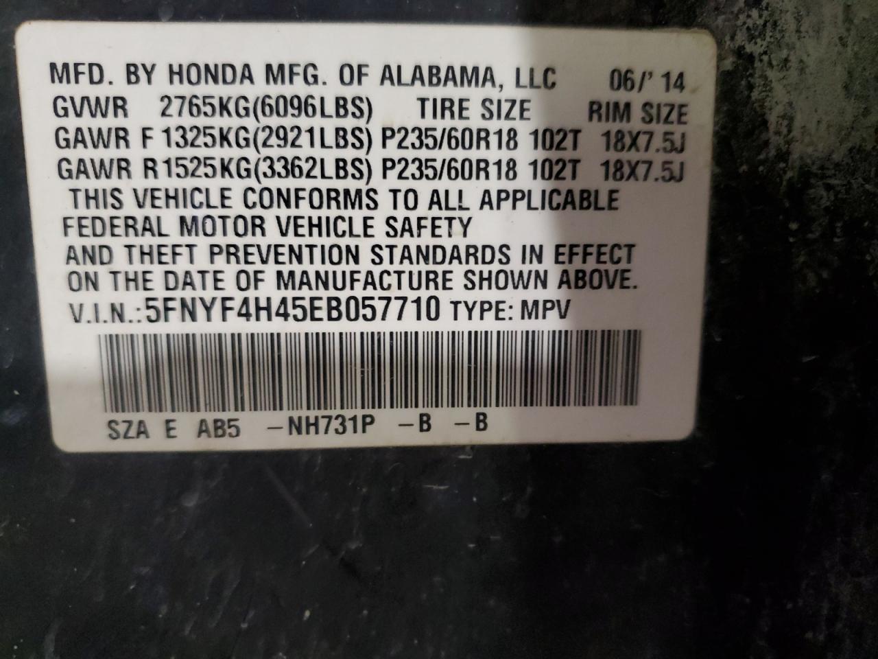 5FNYF4H45EB057710 2014 Honda Pilot Ex