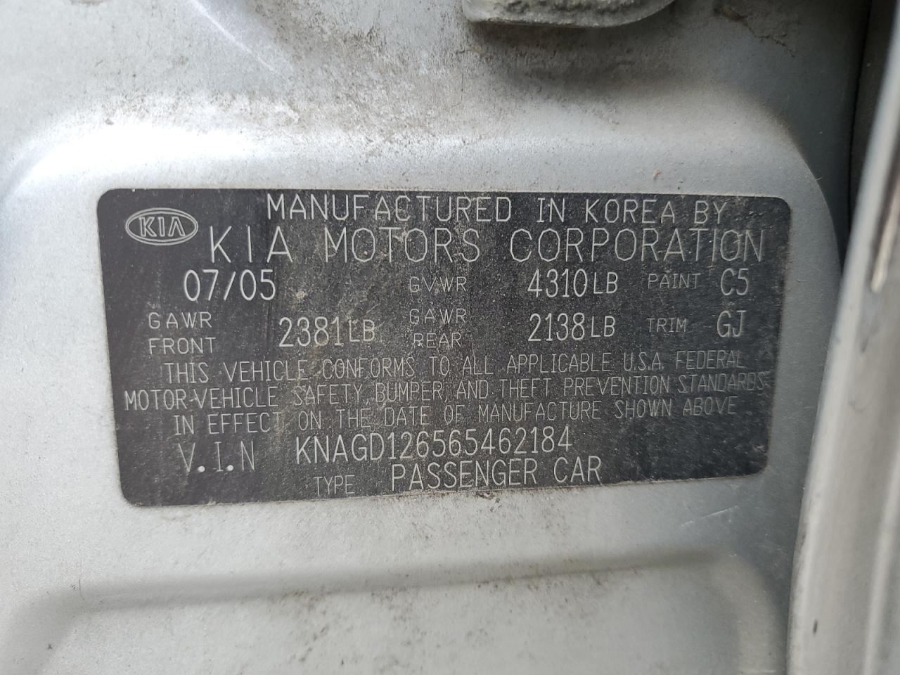 KNAGD126565462184 2006 Kia Optima Lx