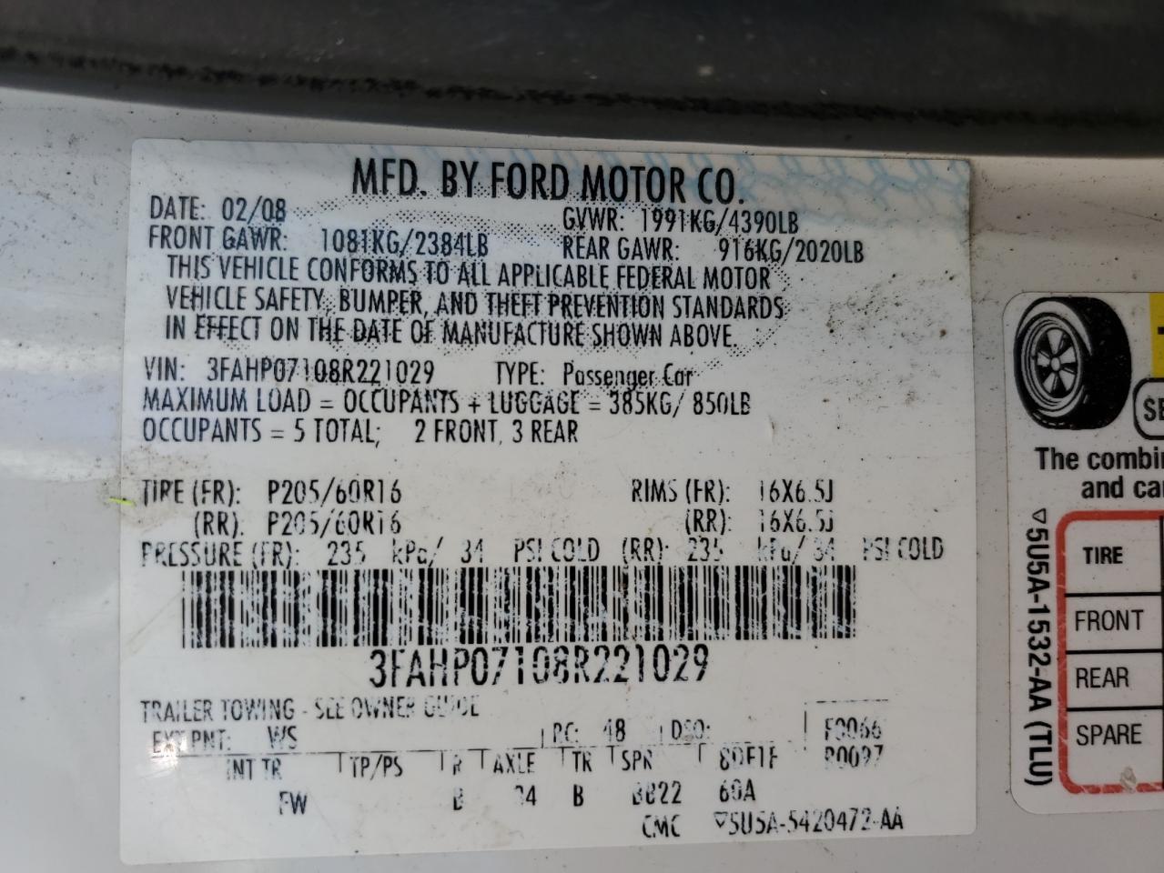 3FAHP07108R221029 2008 Ford Fusion Se