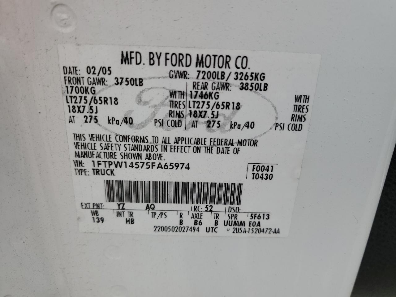 1FTPW14575FA65974 2005 Ford F150 Supercrew