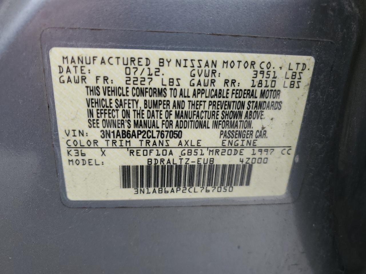 3N1AB6AP2CL767050 2012 Nissan Sentra 2.0